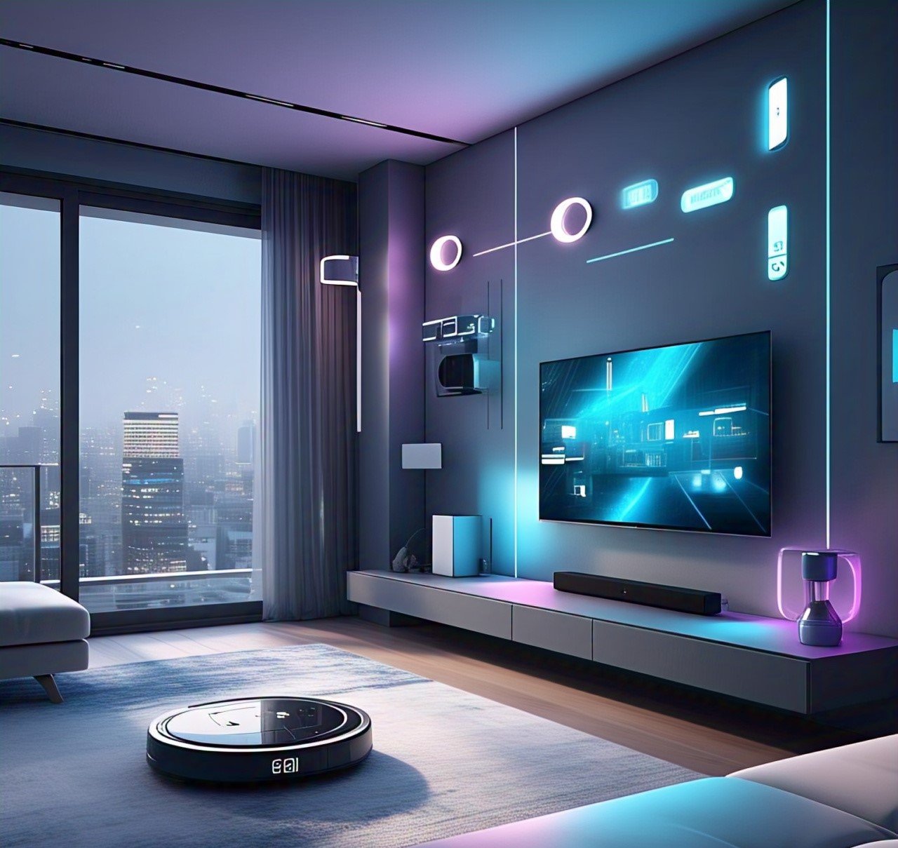 Modern smart home speaker in a cozy, minimalist living room with 2025 home decor trends like neutral tones, potted plants, and natural lighting
